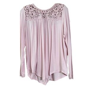 Philosophy Light Pink Crochet Lace Detail Long Sleeve Flowy Top Sz S EUC